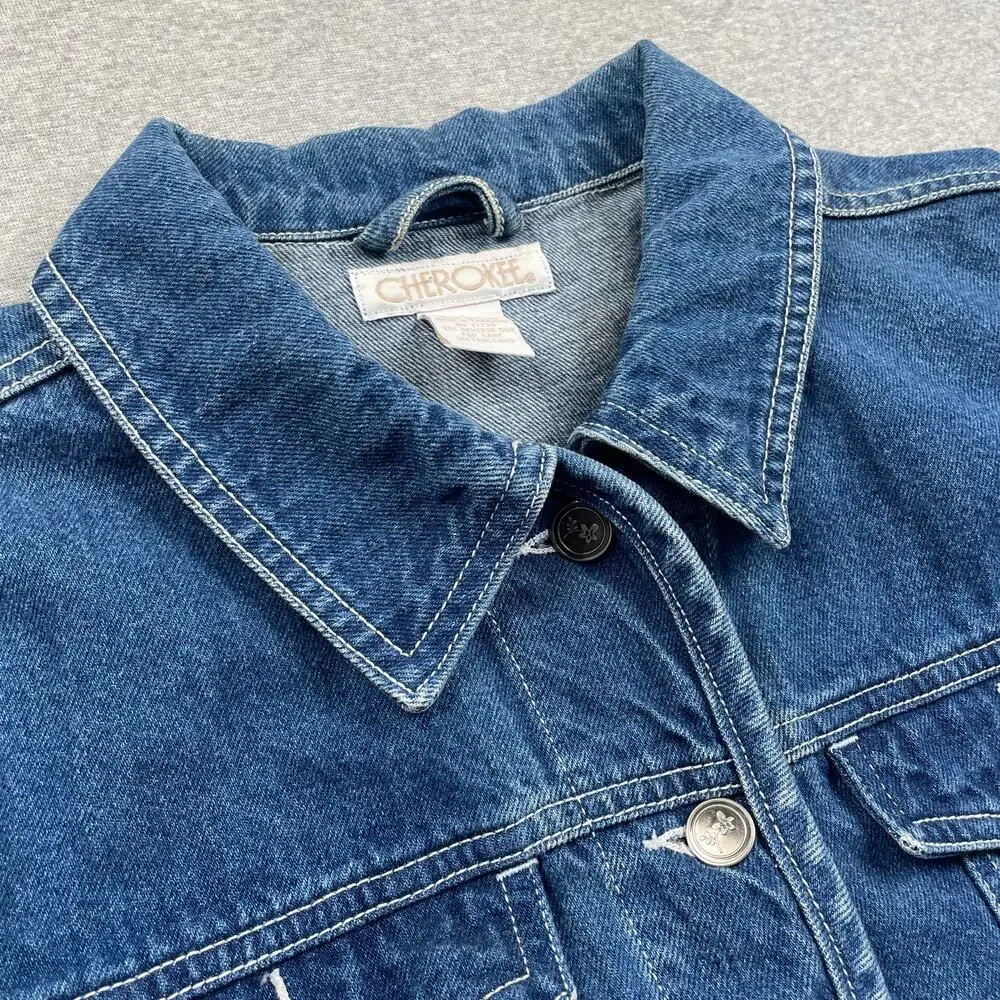 90s VTG Cherokee Denim Jacket Womens S Blue Jean Button Up Western Retro Preppy